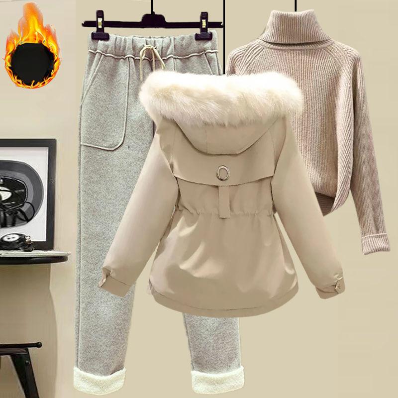 Women's Winter Suit Parker Jacket   Woolen Casual Pants + Turtleneck Sweater Fashion Three-piece Suit Women