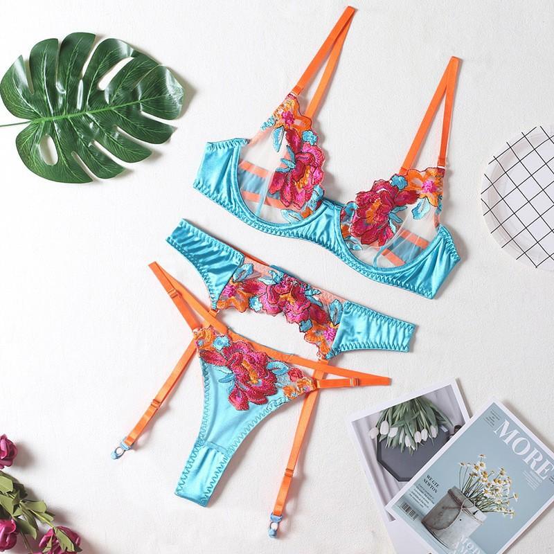3PCS Floral Embroidery Sheer Mesh Garter Lingerie Set Underwire Bra With Thong Garter Festival Cosplay For Women