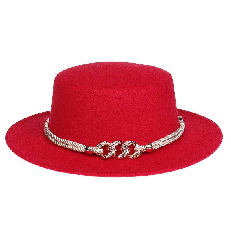 Women's Wool Felt Flat Top Fedora Hat - French Autumn/Winter Retro Style with Chain