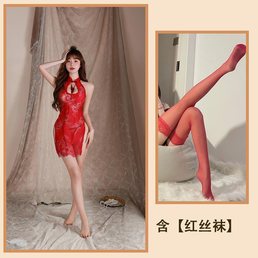 Sexy Underwear Lace Hollow Sexy Cheongsam Temptation Open Fork Perspective Pajamas Slim Bed Set