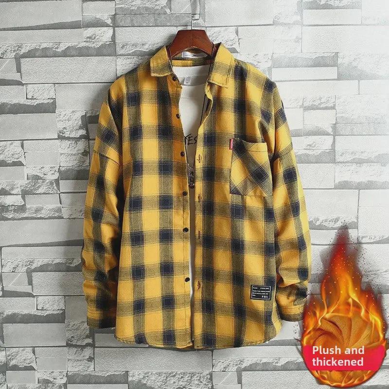 Pánská kostkovaná košile s dlouhým rukávem a hřejivým plusovým sametem - Podzim/Zima Korejský styl