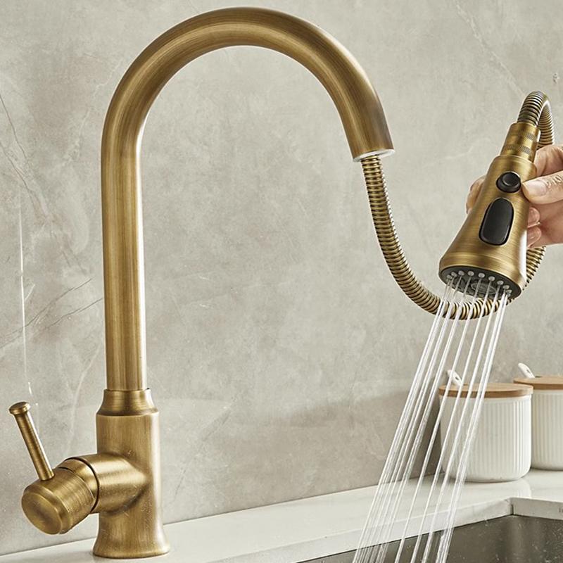 Antique Brass Kitchen Faucet Pull Out Spout Kitchen Faucets Black Single Hole Swivel Hot Cold Water Kitchen Mixer Tap Black