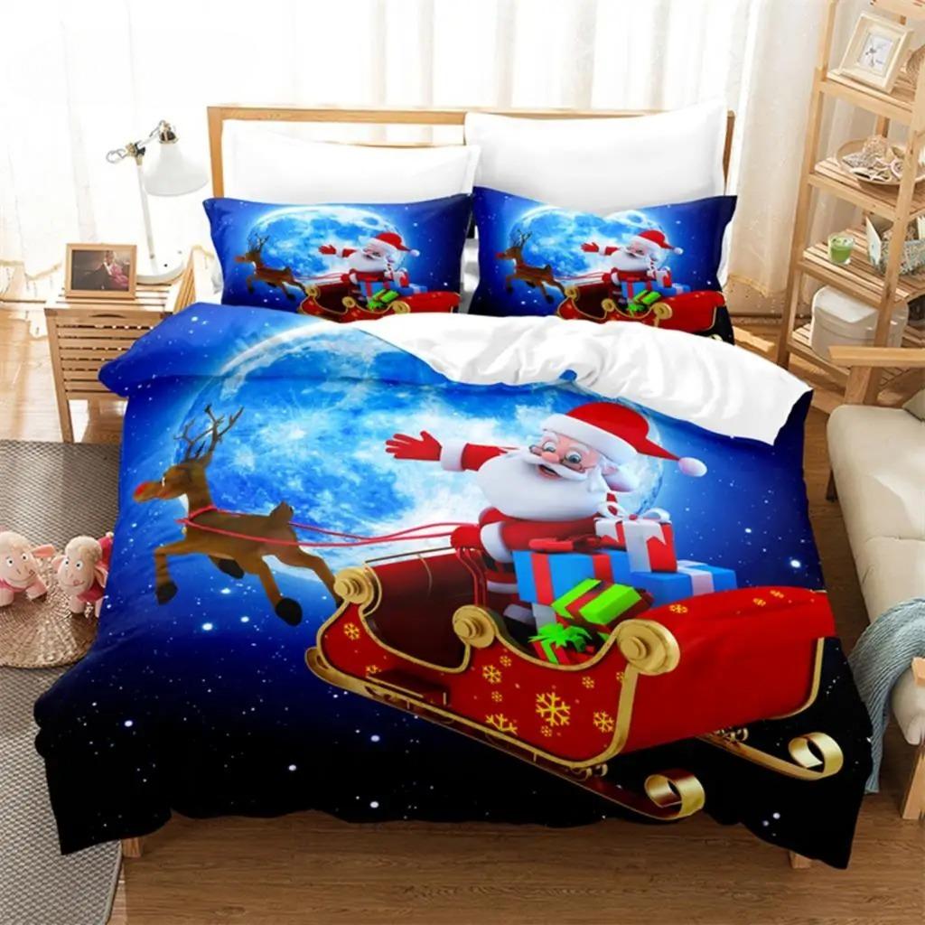 Weihnachts-Bettbezug-Set mit Weihnachtsmann-Motiv, Weihnachtsschlitten-Bettwäsche-Set, weich, bequem, atmungsaktiv, Bettbezug für Schlafzimmer und Gästezimmer
