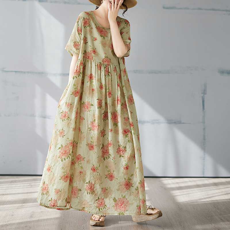 Summer Short Sleeved Round Neck Bohemian Long Skirt