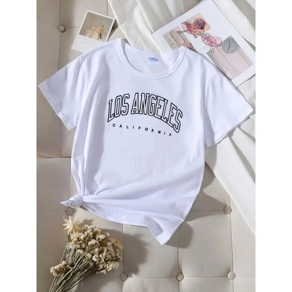 LOS ANGELES Letter Print Crew Neck T-shirt, Casual Loose Short Sleeve Fashion Summer T-Shirts Tops, Women's Clothing