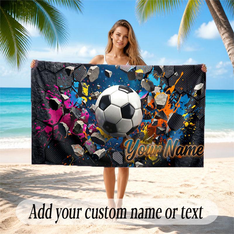Soccer Theme Beach Towel Personalized Custom Name & Text Soft Quick Dry Beach Towel for Swimming Travel