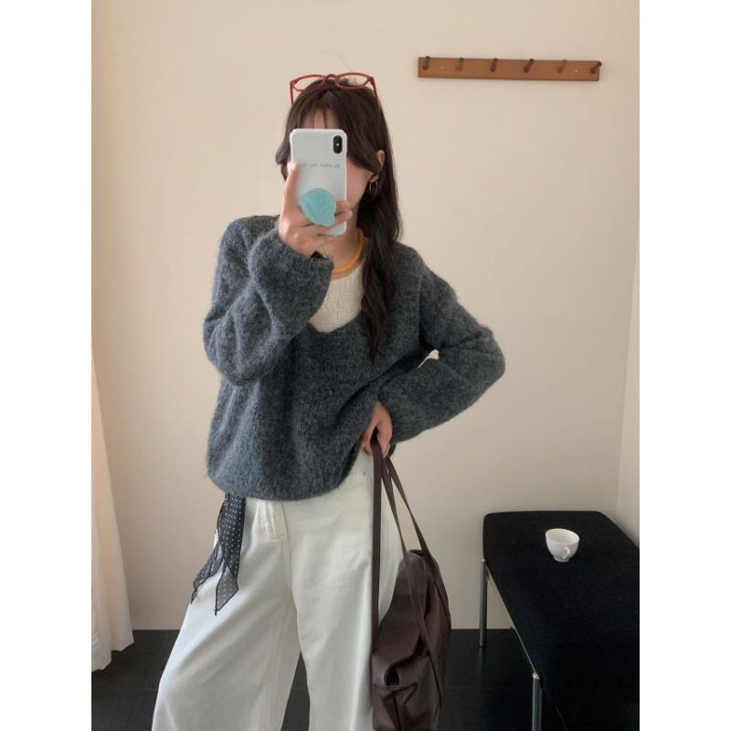 

Осенний новый пуловер, свитер-двойка, женский верх с отложным воротником, свободный, женский вязаный осенний топ One size серый
