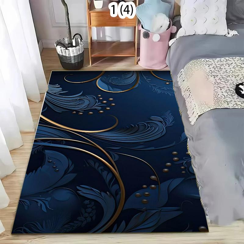 

Luxury Gold Leaf Area Rug Navy Blue Botanical Print Non Slip Washable Carpet Floormat for Living Room Bedroom Elegant Decor 50X80CM