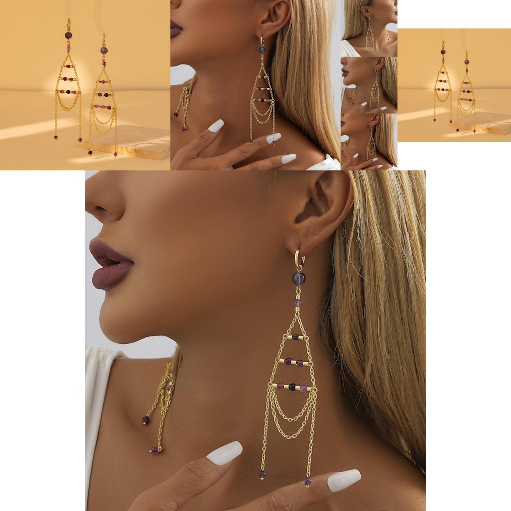 Elegant Geometric Gold Plated Purple Crystal Chain Dangle Earrings For Women
