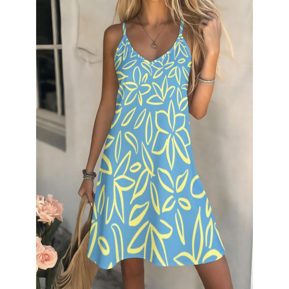 Women's Casual Bohemian Style, Summer Deep V-Neck Spaghetti Strap Midi Dress