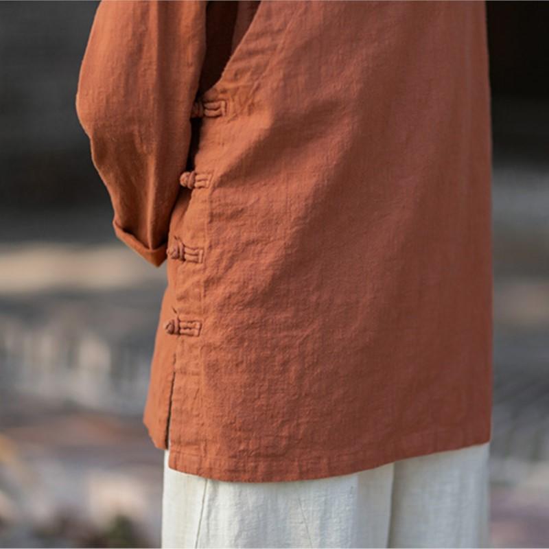 Johnature Women Shirts Vintage Blouses Spring Chinese Style Solid Color Tops Stand Long Sleeve Button Shirts