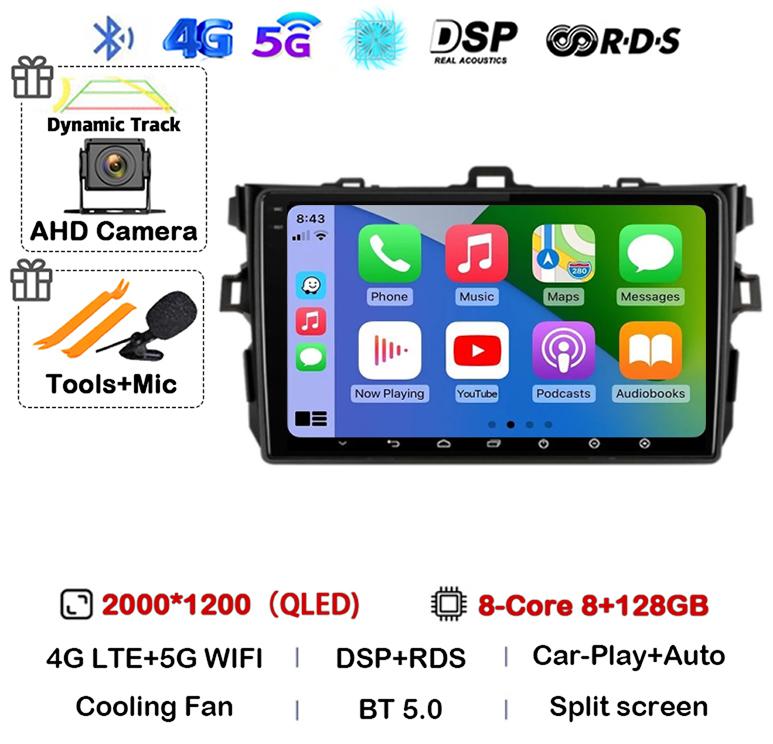 Android 14 Carplay Auto Car Radio For Toyota Corolla E140/150 2007 2008 2009 2010 2011 2012 2013 Multimedia Player Stereo GPS 4G