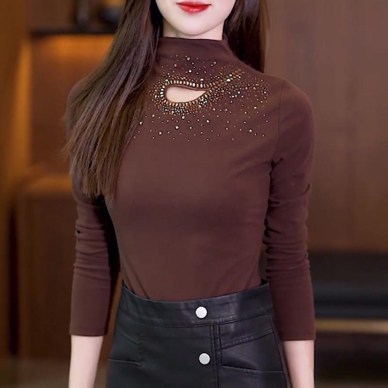 Autumn and Winter Double-sided German Velvet Bottoming Shirt for Women Long-sleeved Slim-fitting Half-high Collar Versatile Western-style Top T-shirt