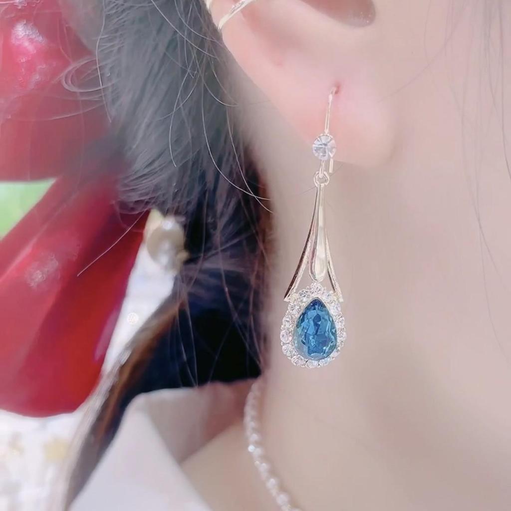 Korean Style Crystal Blue Heart Earrings for Women - Trendy, Elegant Hooks 2021