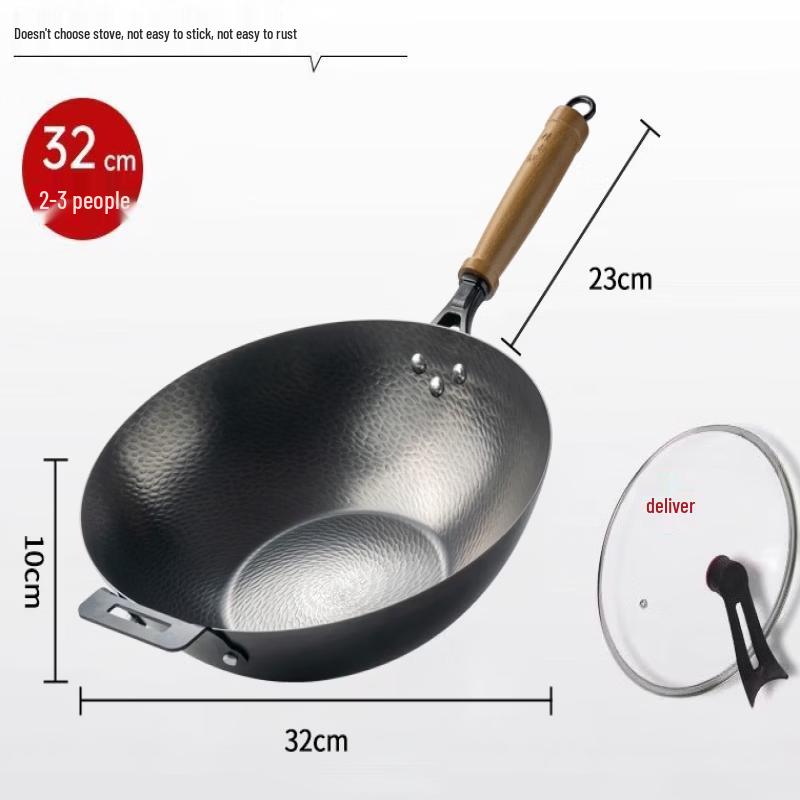 ZISIZ Cast Iron Hammered Wok with Lid, 32cm