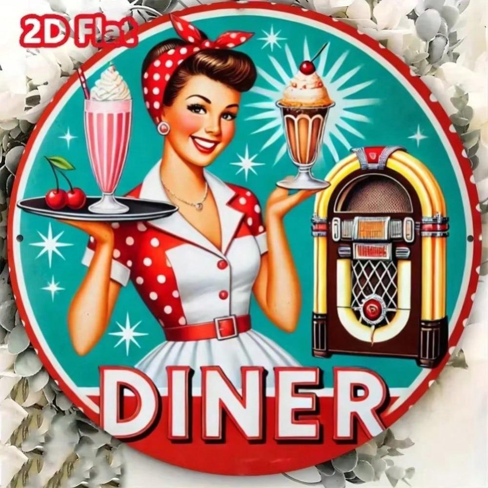 Vintage Diner Iron Metal Sign Round Wall Art Classic Restaurant Decor Home Gift