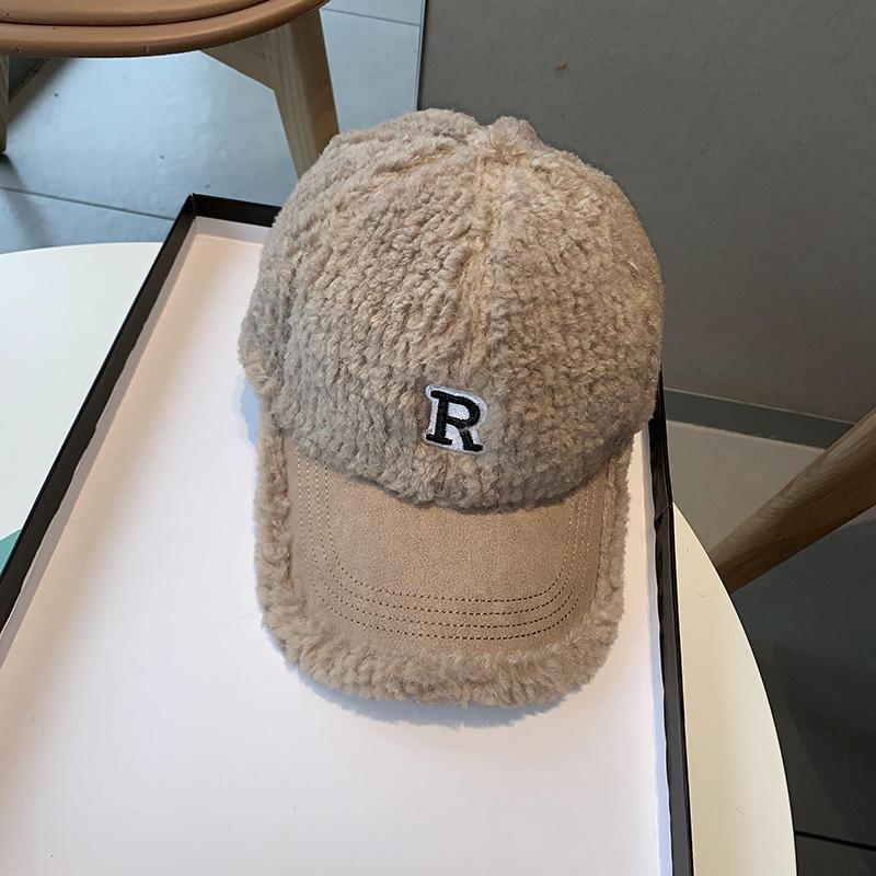 Korean Style Hat for Women In Autumn and Winter R Letter Embroidered Baseball Cap Thickened Plush Warmth Fashionable and Versatile Baseball Cap