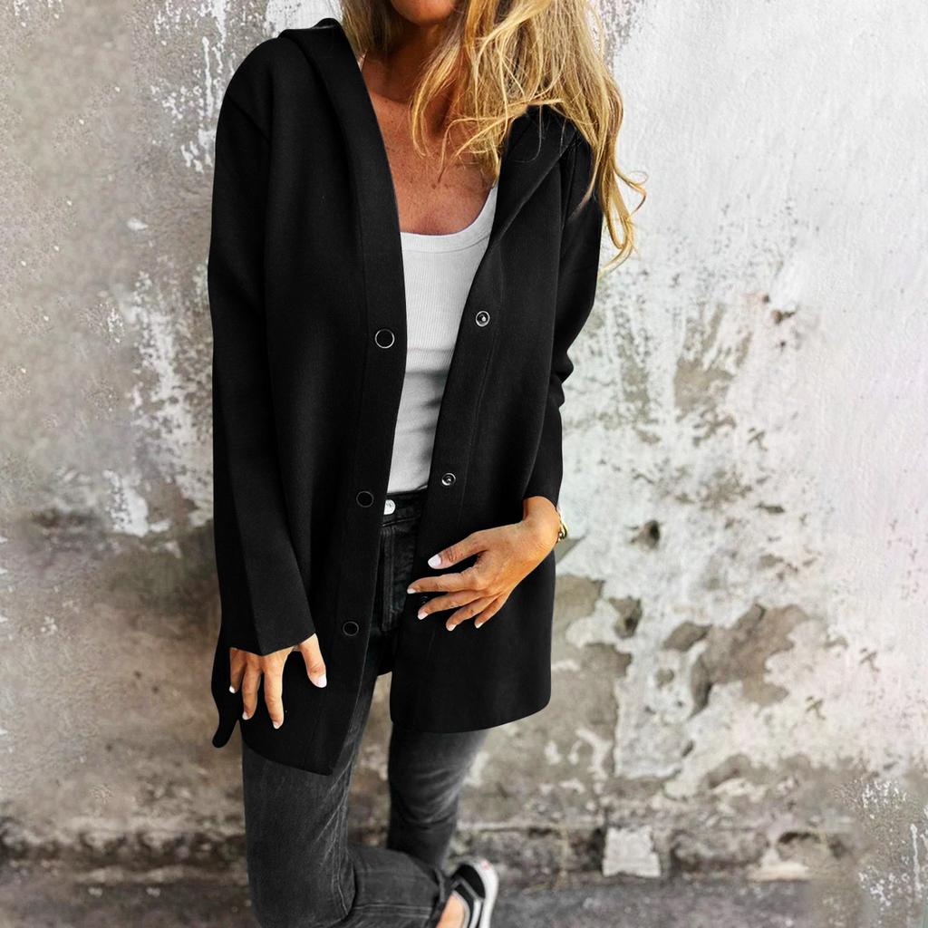 Women's Casual Fashion Solid Color Long Sleeved  Pocket Casual Single Breasted Hooded Jacket