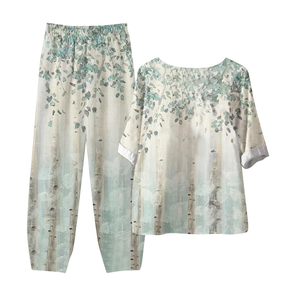 Dámské letní topy s polovičním rukávem s potiskem, elastický pas, devítidílné kalhoty, dvoudílná sada