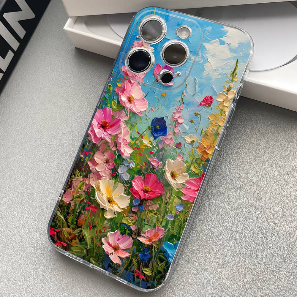 Oil Painting Of Flowers Transparent Phone Case For iPhone 17 16 15 11 12 13 14 Pro Max Mini Soft TPU Silicone Plus