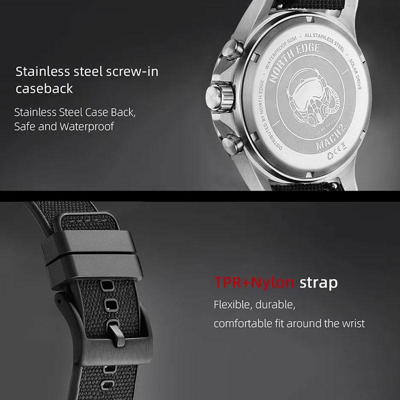 NORTH EDGE MACH 2 Men's Watches Solar Power 316 Stainless Steel Case Quartz Watch For Men Pilot Waterproof 50M Stopwatch