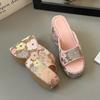 Fashion Slippers Women Summer On A Wedge Luxury Slides Shoes Flower Platform Pantofle Designer 2025 Floral Bling Fashion Shoes Woman's S