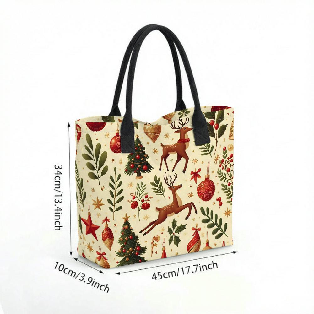 Christmas Reindeer Printed Canvas Tote Bag Casual Large Capacity Holiday Handbag