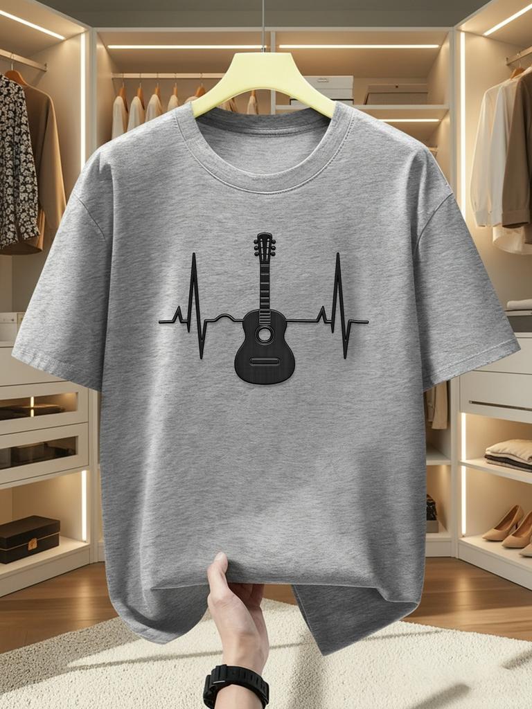 Summer Mens Shortsleeved Unique Guitar and Electrocardiogram Design In 100 Cotton Simple Elegant A Vintage Style Harajuku