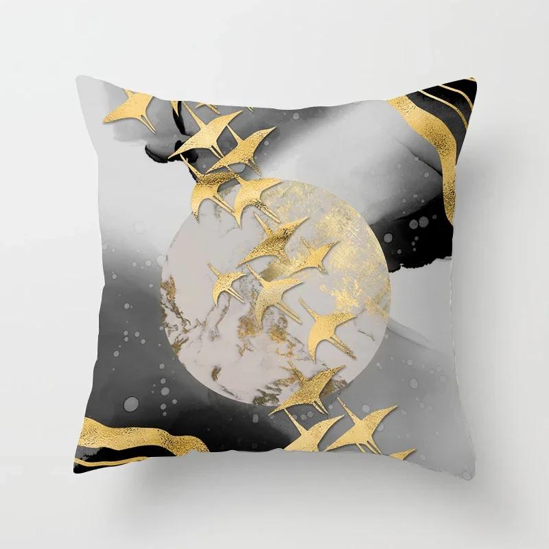 Black Gold Drawing Leaf Elk Tree Bird Butterfly Printed Square Pillowslip Polyester Cushion Cover Pillowcase Living Room Home