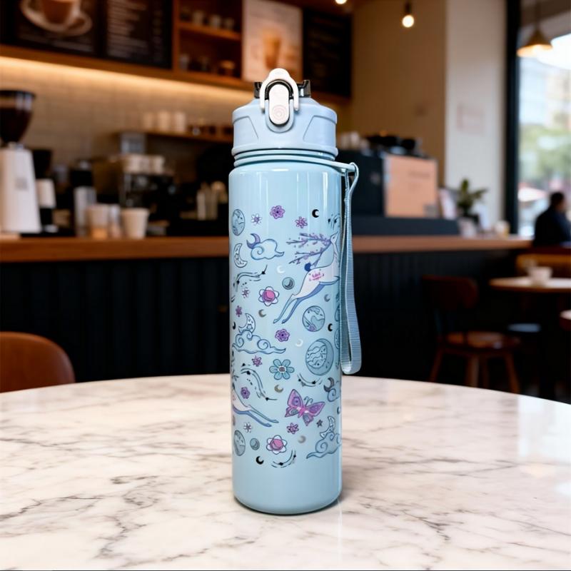 750ml Cute Cartoon Pattern Water Bottle, Large Capacity Portable Leak-Proof Tumbler with Carry Strap and Straw for Sporting