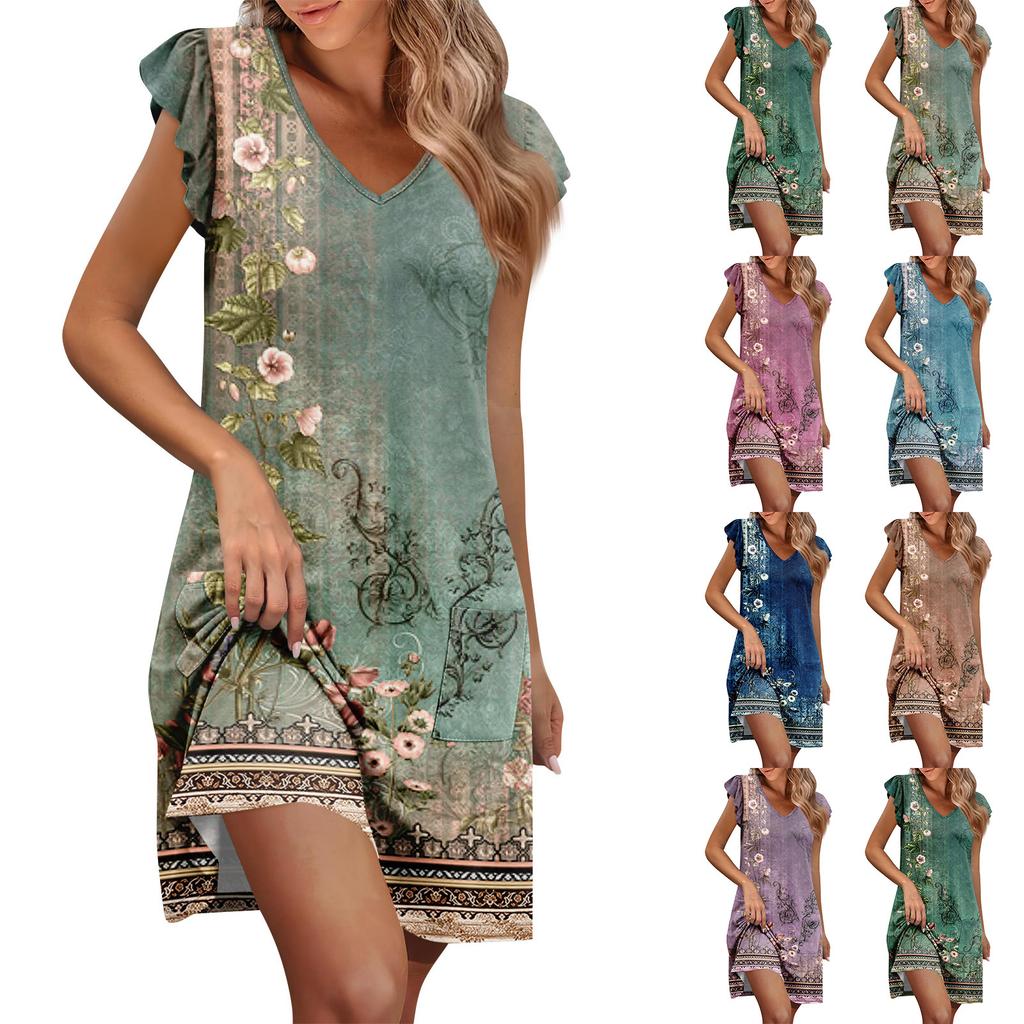 Womens Summer Dress Ruffle Sleeve V Neck Short Dresses Fashion Casual Flowy A Line Swing Sundress With Pocket
