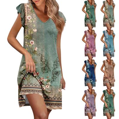 Womens Summer Dress Ruffle Sleeve V Neck Short Dresses Fashion Casual Flowy A Line Swing Sundress With Pocket