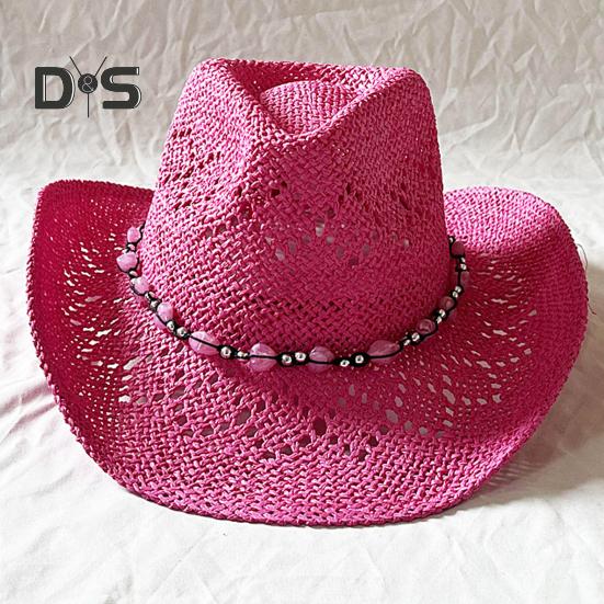Summer Straw Hat Hollow Out Foldable Adjustable Bead Decor Curled Edge Windproof Strap Western Cowboy Style Solid Color Outdoor Cap