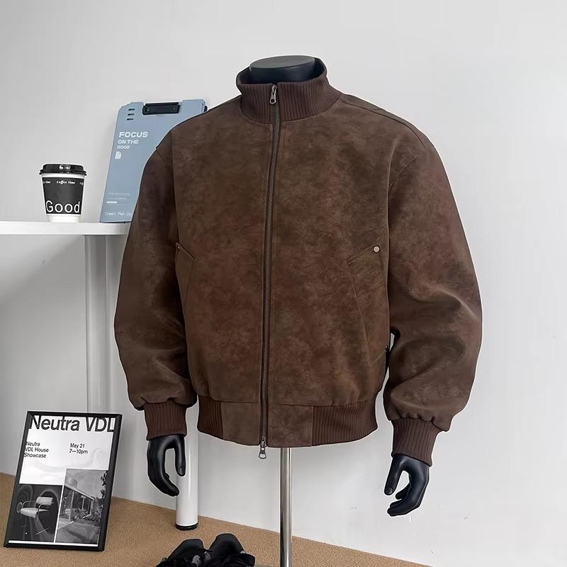 Ανδρικό casual δερμάτινο μπουφάν streetwear αμερικανικού στυλ με όρθιο γιακά, μοντέρνο ανδρικό μπουφάν bomber μοτοσικλετιστή