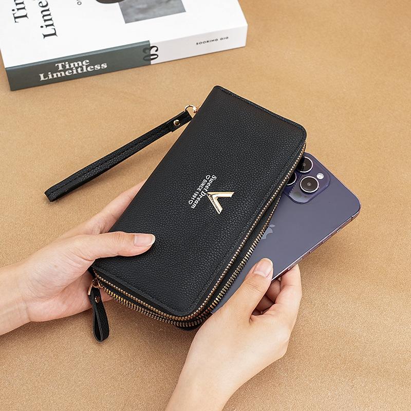 New women's wallet, fashionable double-layer zipper, long clutch bag, lychee pattern mobile phone bag, thick and multi-card space, large capacity