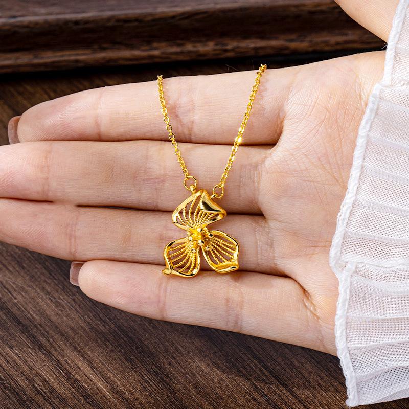 Luxury Pure Gold Real Gold Hollow Bauhinia Pendant Necklace Women s Clavicle Chain золотой