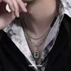 Titanium Steel Double Layer Green Zircon Necklace For Men Women Fashion Square Pendant Spliced Bead Chain Male Kpop
