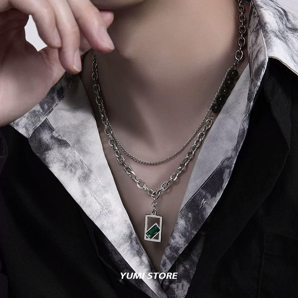 Titanium Steel Double Layer Green Zircon Necklace For Men Women Fashion Square Pendant Spliced Bead Chain Male Kpop