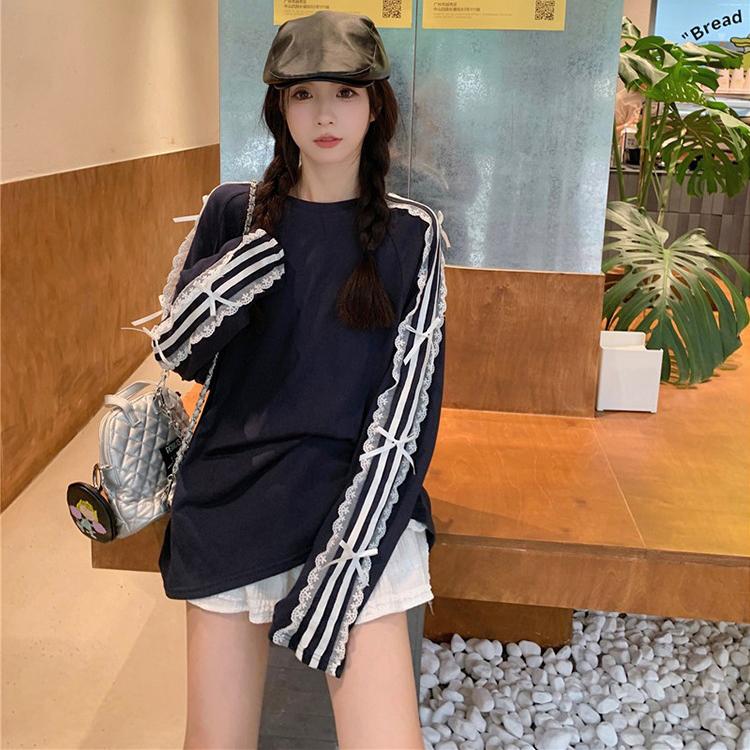 

Повседневная футболка с круглым вырезом и длинным рукавом, кружевная лоскутная свободная женская средняя длина XS темно-синий