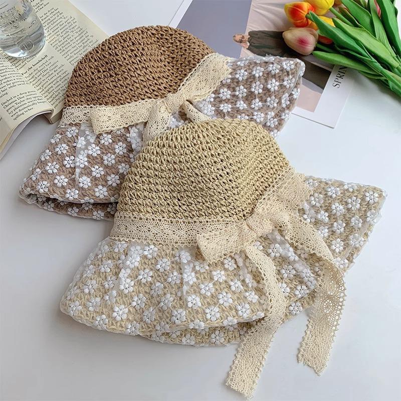 Lace bow straw hat women's summer breathable large brim sunshade sunscreen hat seaside outing beach hat