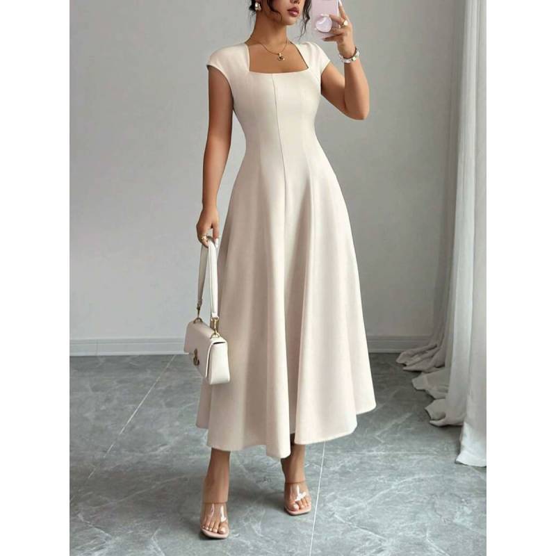 Polyester Solid Color A Line Dress With Splicing Details For Daily Wear