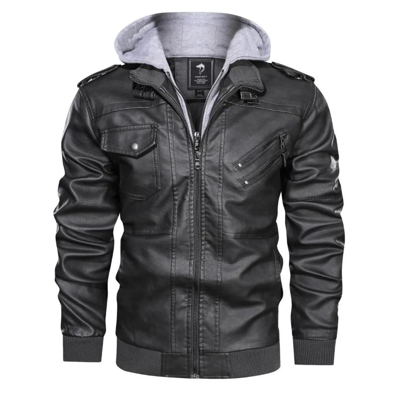 New Leather Jacket Men's Spring Autumn Winter Loose Casual Motorcycle Hooded Short Windproof Jacket