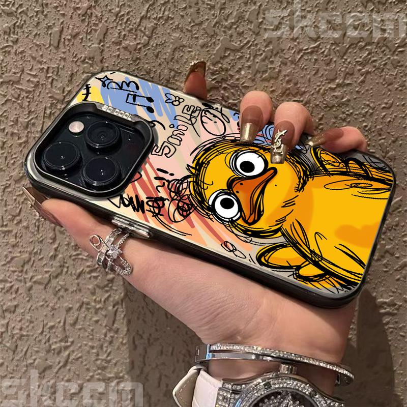 Graffiti Small Yellow Duck Electroplate Silver IMD Phone Case For iPhone 16 15 Pro Max 14 13 12 11 16E 7 8 Plus X XS XR Cover