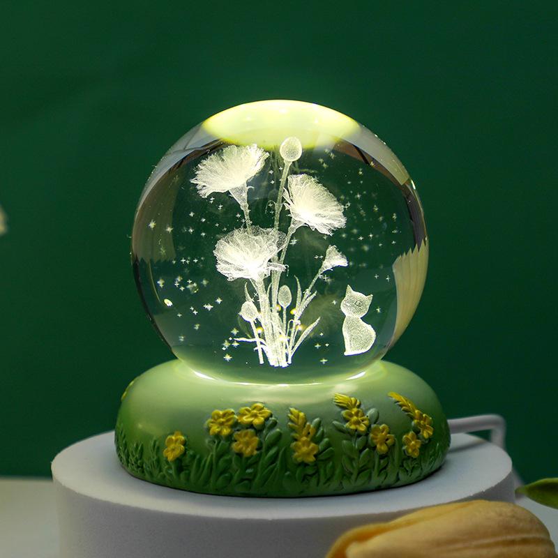 Tulip Crystal Ball 3D Night Light - Luminous Bedroom Ornament & Birthday Gift for Girls