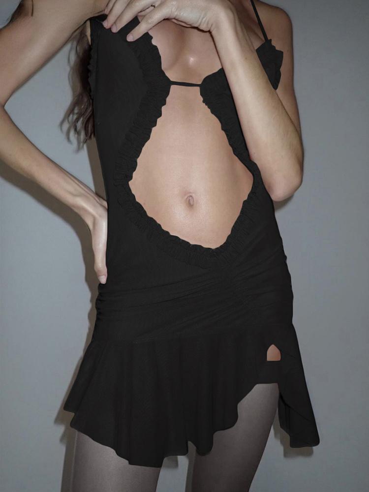 Weird Mesh Ruffles Women New Prom Dress Hollow See Through Irregular Side Split Outfit Folds Skinny Sexy Elastic Pretty Mini Midnight Clothing