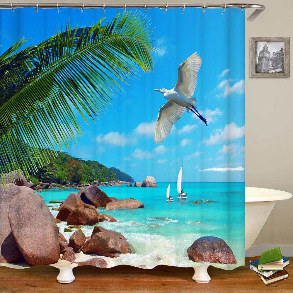 Waterproof Shower Curtain Various Sunshine Beach Scenery Seaside 3D Printing Shower Curtain Polyester Home Decor Curtain 180x180