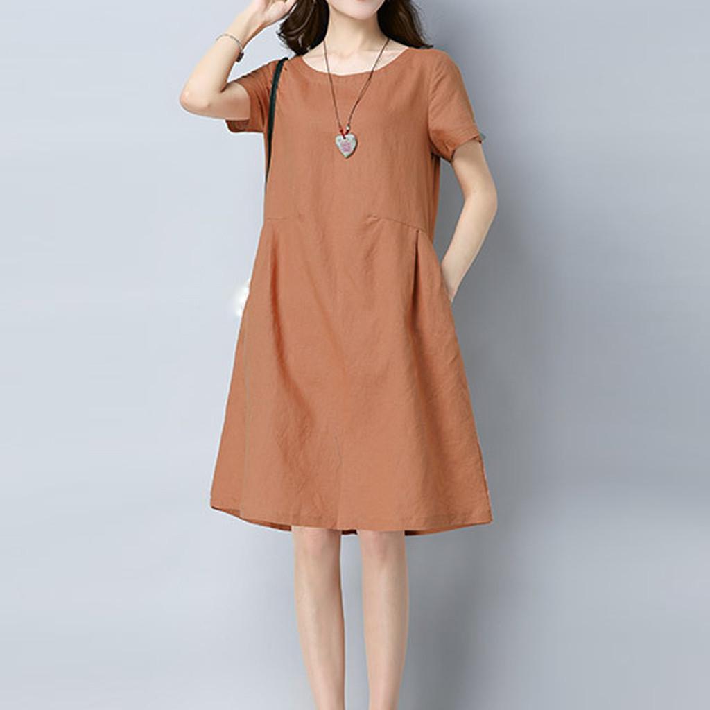 Women Cotton Linen Short-sleeved Loose Casual Midi