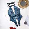 Sexy Crotchless Blue Lingerie Women Lace Hollow Halter Bodysuit Erotic Pajama Teddy Babydoll Dress Deep V Open Bra Underwear Set
