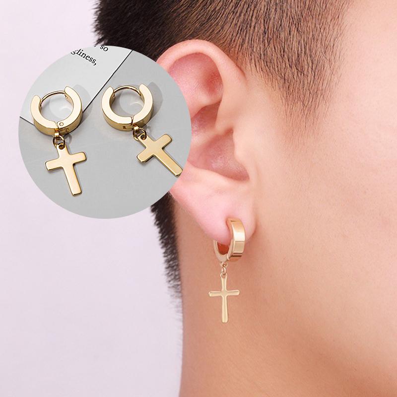 2PC Men Punk Cross Stars Dangle Earrings Women Gothic Stainless Steel Cross Ear Stud Earrings Piercing Huggies Pendant Zircon