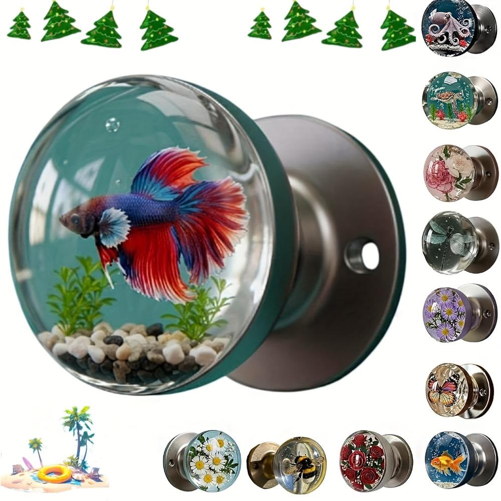 Retro Round Resin Door Handle - Realistic Fish and Floral Design, Crystal Transparent Spherical Door Handle, Artistic Natural Style Decoration